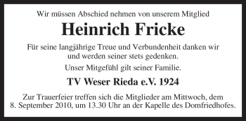 Traueranzeige von Heinrich Fricke von KREISZEITUNG SYKE