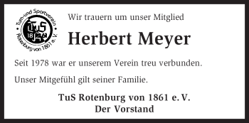Traueranzeige von Herbert Meyer von KREISZEITUNG SYKE