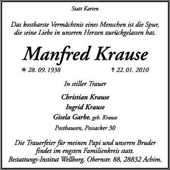 Traueranzeige von Manfred Krause von KREISZEITUNG SYKE