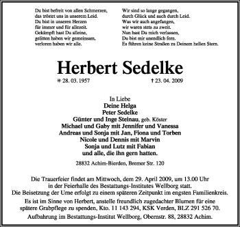 Traueranzeige von Herbert Sedelke von KREISZEITUNG SYKE