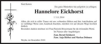 Traueranzeige von Hannelore Eickhorst von KREISZEITUNG SYKE