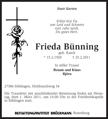 Traueranzeige von Frieda Bünning von KREISZEITUNG SYKE