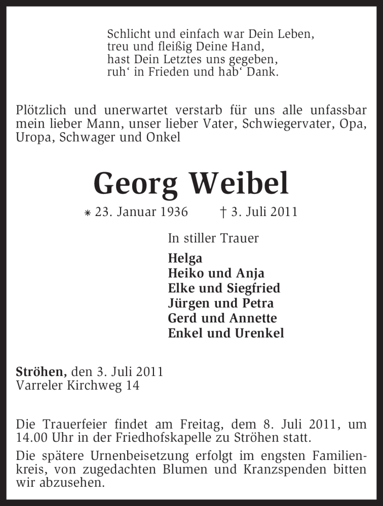 Traueranzeigen von Georg Weibel | trauer.kreiszeitung.de