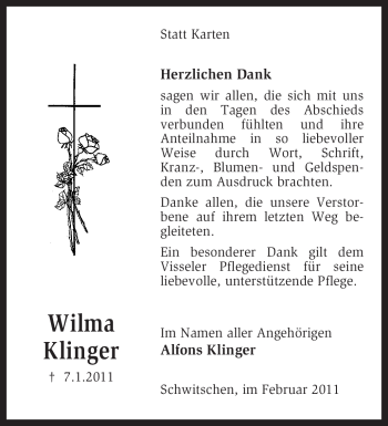 Traueranzeige von Wilma Klinger von KREISZEITUNG SYKE