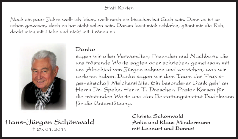  Traueranzeige für Hans-Jürgen Schönwald vom 28.02.2015 aus KRZ