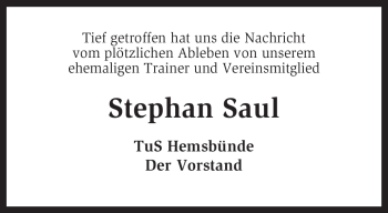 Traueranzeige von Stephan Saul von KREISZEITUNG SYKE