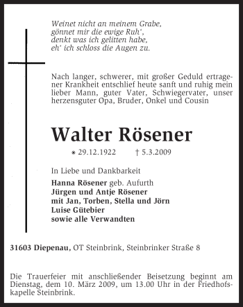 Traueranzeige von Walter Rösener von KREISZEITUNG SYKE