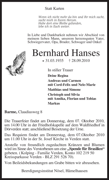 Traueranzeige von Bernhard Hanses von KREISZEITUNG SYKE