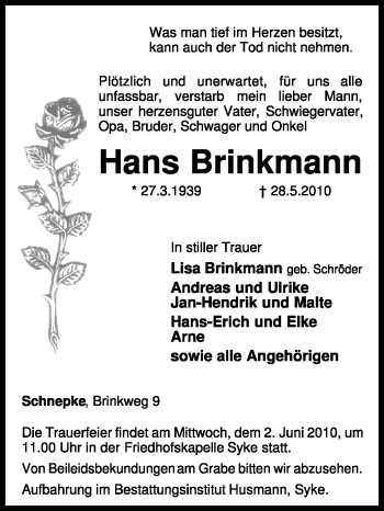 Traueranzeige von Hans Brinkmann von KREISZEITUNG SYKE