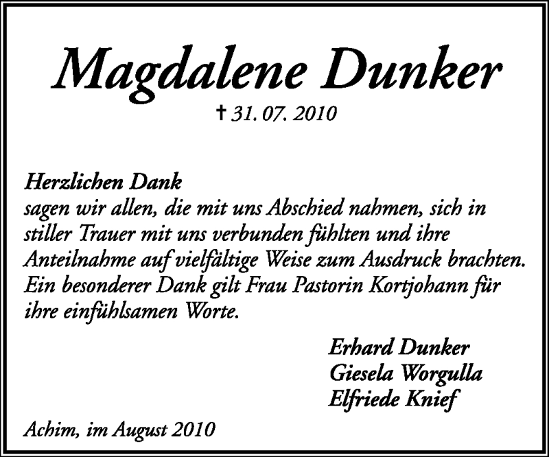  Traueranzeige für Magdalene Dunker vom 28.08.2010 aus KREISZEITUNG SYKE