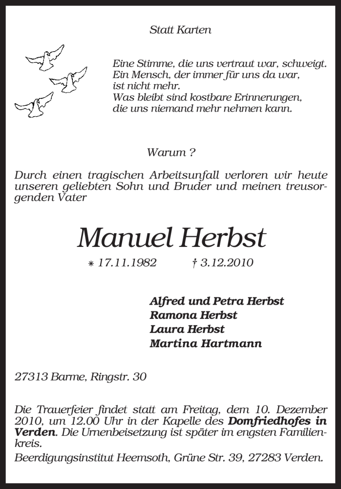  Traueranzeige für Manuel Herbst vom 07.12.2010 aus KREISZEITUNG SYKE