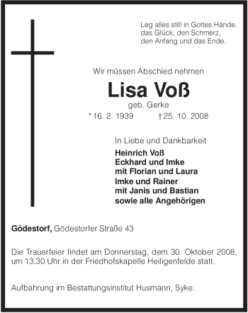 Traueranzeige von Lisa Voß von KREISZEITUNG SYKE