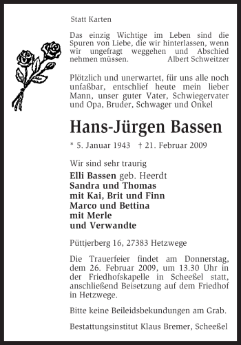 Traueranzeige von Hans-Jürgen Bassen von KREISZEITUNG SYKE