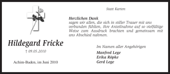 Traueranzeige von Hildegard Fricke von KREISZEITUNG SYKE