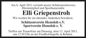 Traueranzeige von Elli Griepenstroh von KREISZEITUNG SYKE