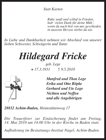 Traueranzeige von Hildegard Fricke von KREISZEITUNG SYKE