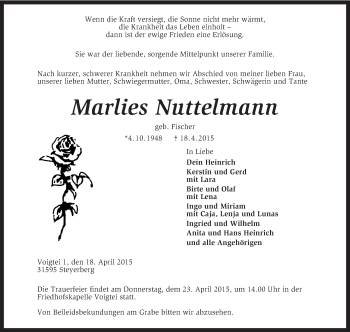 Traueranzeige von Marlies Nuttelmann von KRZ