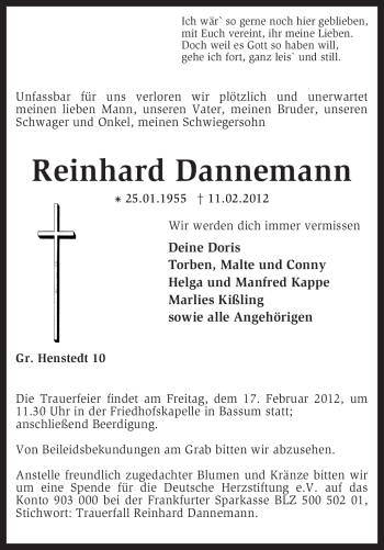 Traueranzeige von Reinhard Dannemann von KREISZEITUNG SYKE