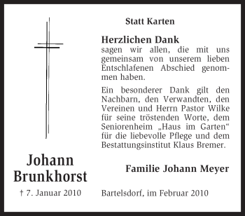 Traueranzeige von Johann Brunkhorst von KREISZEITUNG SYKE