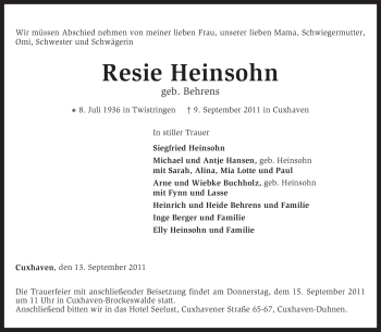 Traueranzeige von Resie Heinsohn von KREISZEITUNG SYKE