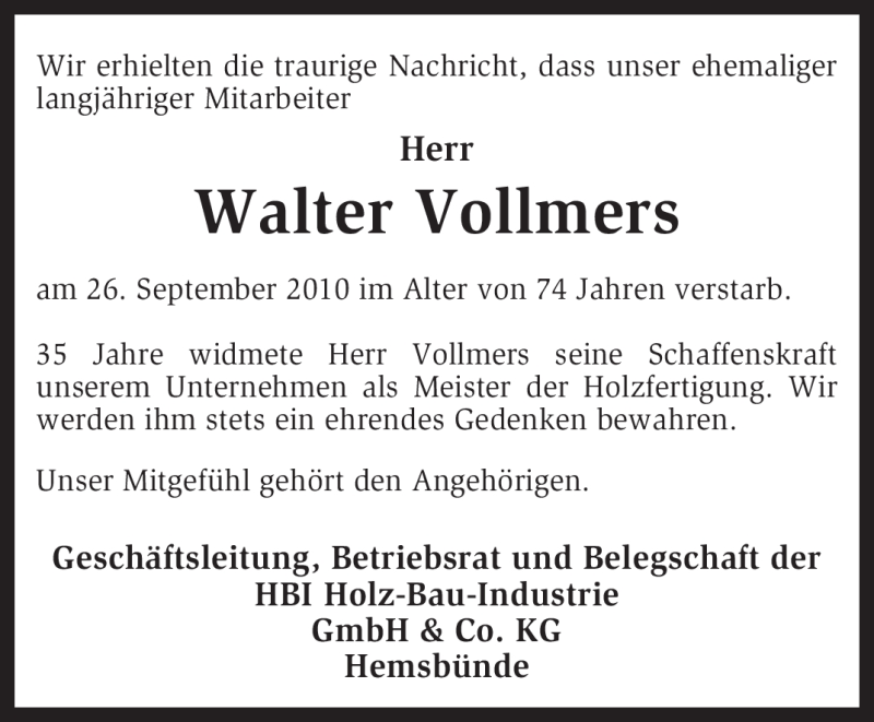  Traueranzeige für Walter Vollmers vom 29.09.2010 aus KREISZEITUNG SYKE