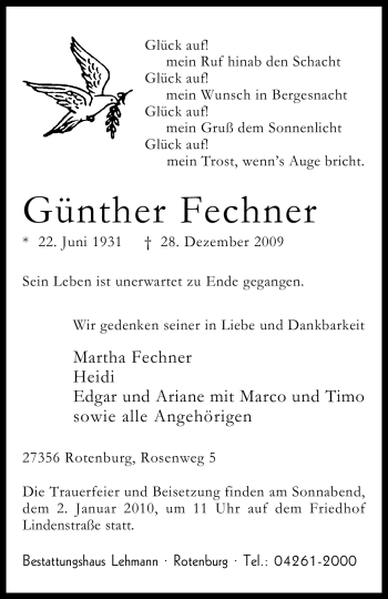 Traueranzeige von Günther Fechner von KREISZEITUNG SYKE