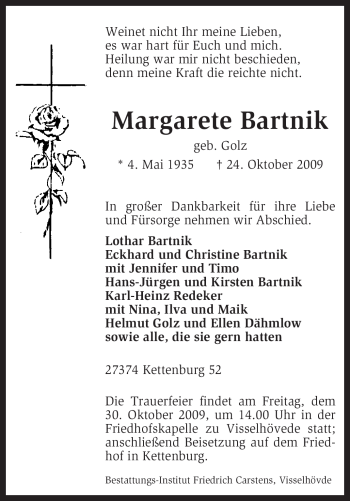 Traueranzeige von Margarete Bartnik von KREISZEITUNG SYKE