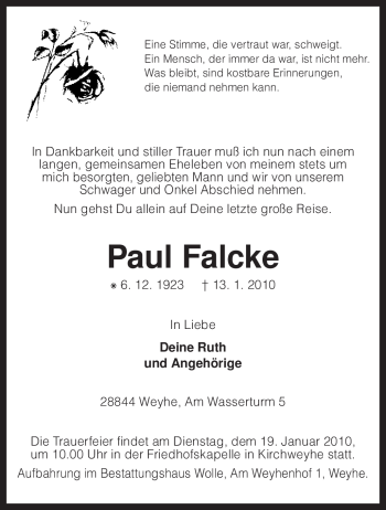 Traueranzeige von Paul Falcke von KREISZEITUNG SYKE