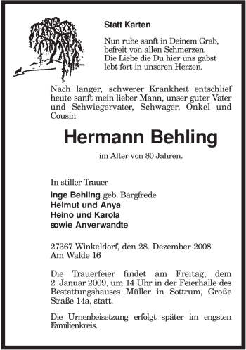 Traueranzeige von Hermann Behling von KREISZEITUNG SYKE