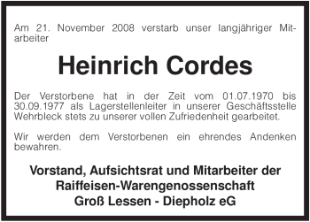 Traueranzeige von Heinrich Cordes von KREISZEITUNG SYKE