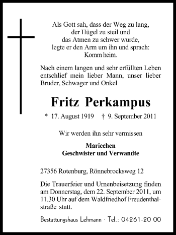 Traueranzeige von Fritz Perkampus von KREISZEITUNG SYKE