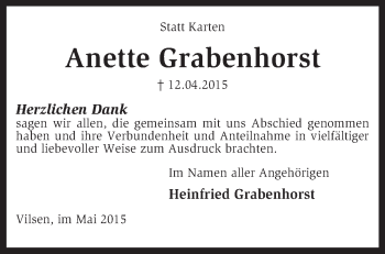 Traueranzeige von Anette Grabenhorst von KRZ