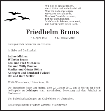 Traueranzeige von Friedhelm Bruns von KREISZEITUNG SYKE