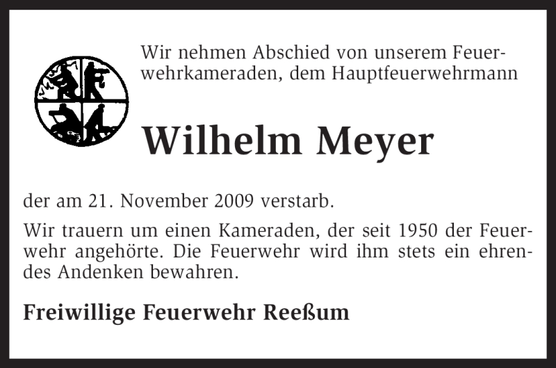  Traueranzeige für Wilhelm Meyer vom 24.11.2009 aus KREISZEITUNG SYKE