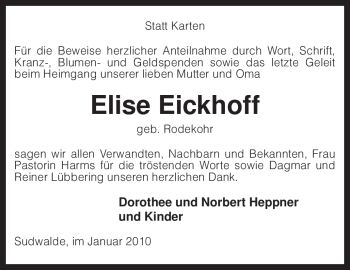 Traueranzeige von Elise Eickhoff von KREISZEITUNG SYKE