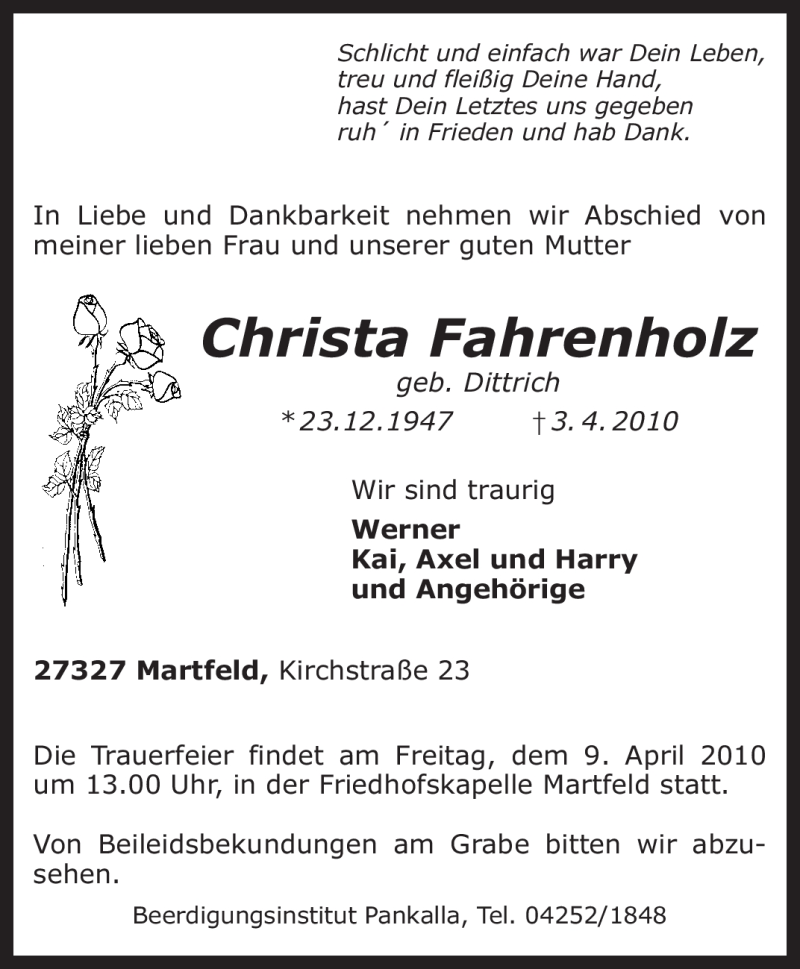  Traueranzeige für Christa Fahrenholz vom 06.04.2010 aus KREISZEITUNG SYKE