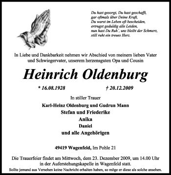 Traueranzeige von Heinrich Oldenburg von KREISZEITUNG SYKE