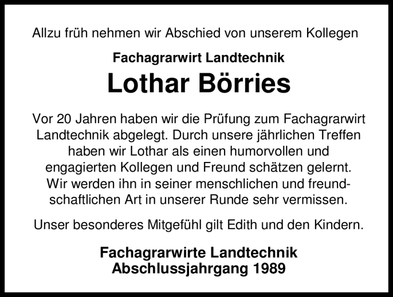  Traueranzeige für Lothar Börries vom 06.10.2009 aus KREISZEITUNG SYKE