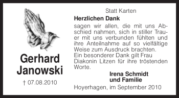 Traueranzeige von Gerhard Janowski von KREISZEITUNG SYKE