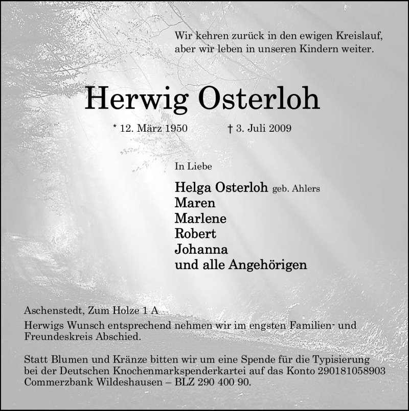  Traueranzeige für Herwig Osterloh vom 06.07.2009 aus 