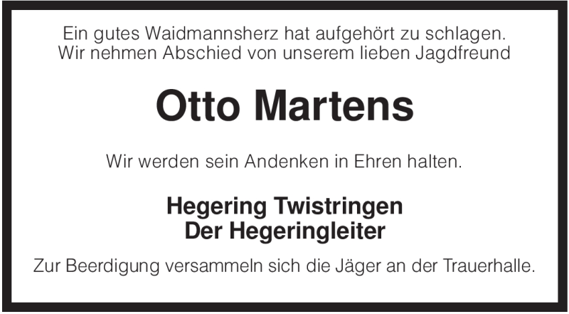  Traueranzeige für Otto Martens vom 22.01.2009 aus KREISZEITUNG SYKE