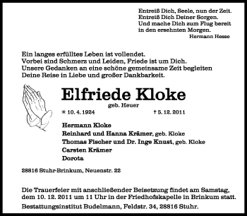 Traueranzeige von Elfriede Kloke von KREISZEITUNG SYKE