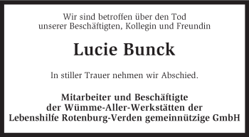 Traueranzeige von Lucie Bunck von KRZ