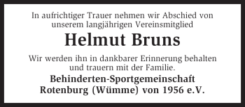 Traueranzeige von Helmut Bruns von KREISZEITUNG SYKE
