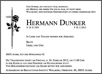 Traueranzeige von Hermann Dunker von KREISZEITUNG SYKE