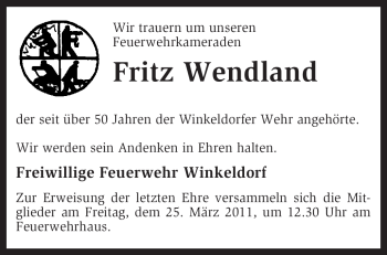 Traueranzeige von Fritz Wendland von KREISZEITUNG SYKE