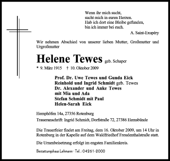 Traueranzeige von Helene Tewes von KREISZEITUNG SYKE