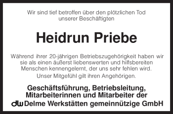 Traueranzeige von Heidrun Priebe von KREISZEITUNG SYKE