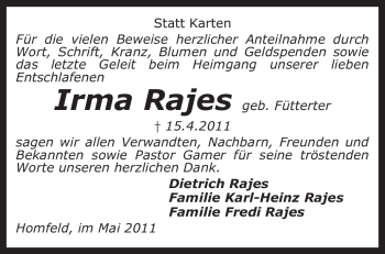 Traueranzeige von Irma Rajes von KREISZEITUNG SYKE