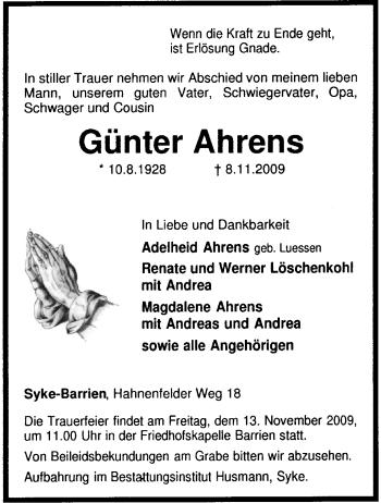 Traueranzeige von Günter Ahrens von KREISZEITUNG SYKE